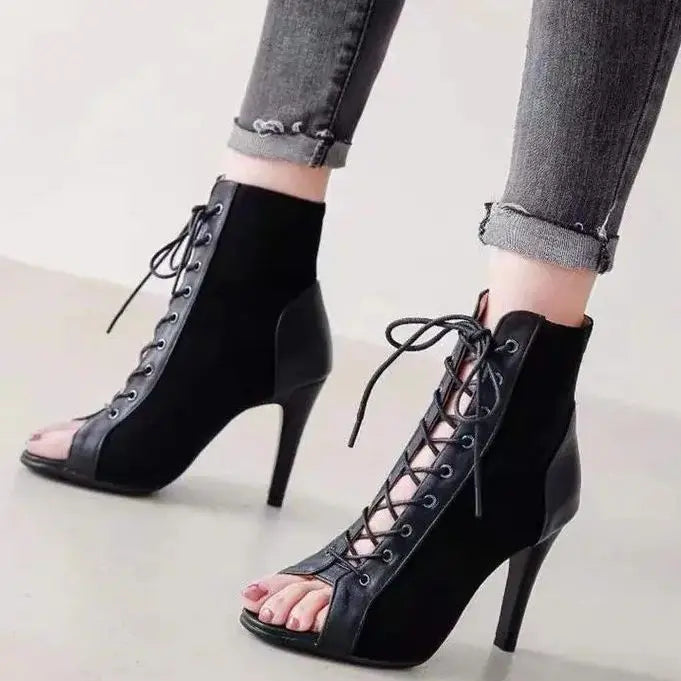 Heidi-Mode | Sandalen Höhle Mesh Absätze Gürtel Schnalle Damen Sommer Beige Schnürsenkel Sexy Offene Zehe Stiletto Jazz Tanz Fest Damenschuhe