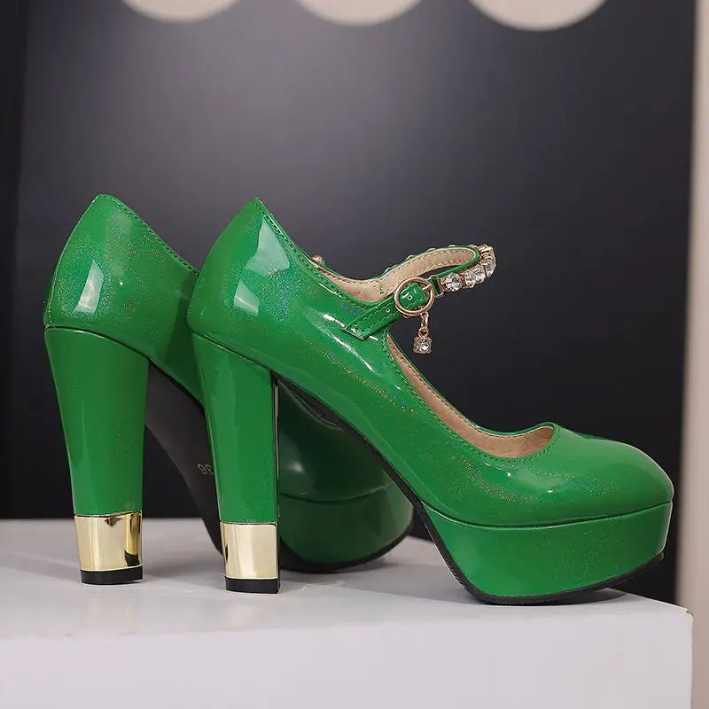 Heidi-Mode | Simloveyo Patentleder Damen Pumps Runde Zehen Hohe Absätze 11 5Cm Plattform Schnalle Riemen Größe 49 50 Sexyle Party Schuhe