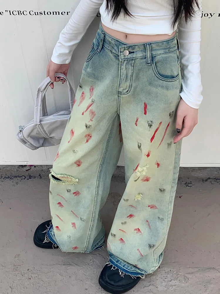 Heidi-Mode | Cyber Y2K Mode Ink Spray Jahrgang Blau Riss Baggy Neue Jeans Hosen für Frauen Kleidung Breite Beine Alte Gerade Damen Hosen