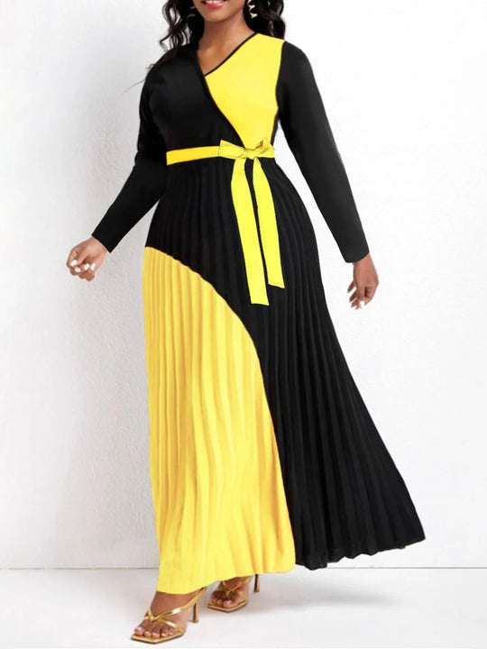 Heidi-Mode | Elegante Herbst Maxi Kleider Bandage Design Geschichteter Plisseefalten A-Linie Kleid Gürtelträger Lange Ärmel V-Ausschnitt Fließendes Patchwork Vestidos