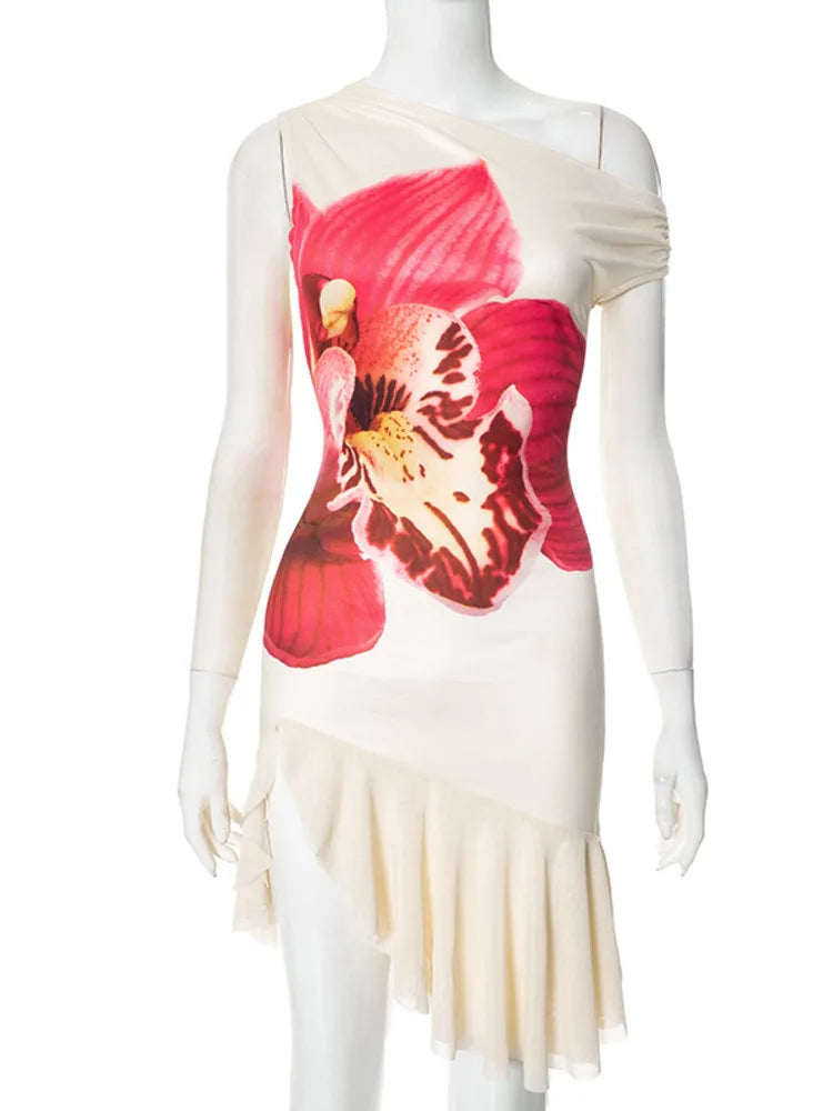 Heidi-Mode | Schräger Kragen Rüschendruck Sexy Mini Kleid für Frauen Off Shoulder Ohne Ärmel Ohne Rücken Hohe Taille Bedrucktes Kleid Vestido