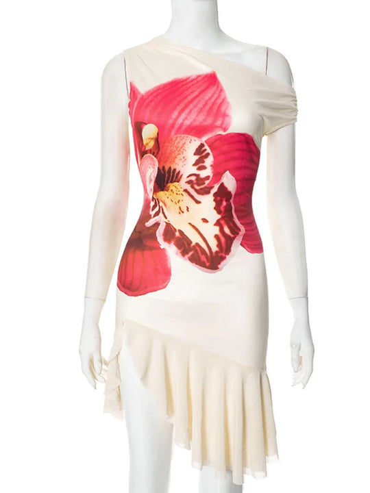 Heidi-Mode | Schräger Kragen Rüschendruck Sexy Mini Kleid für Frauen Off Shoulder Ohne Ärmel Ohne Rücken Hohe Taille Bedrucktes Kleid Vestido