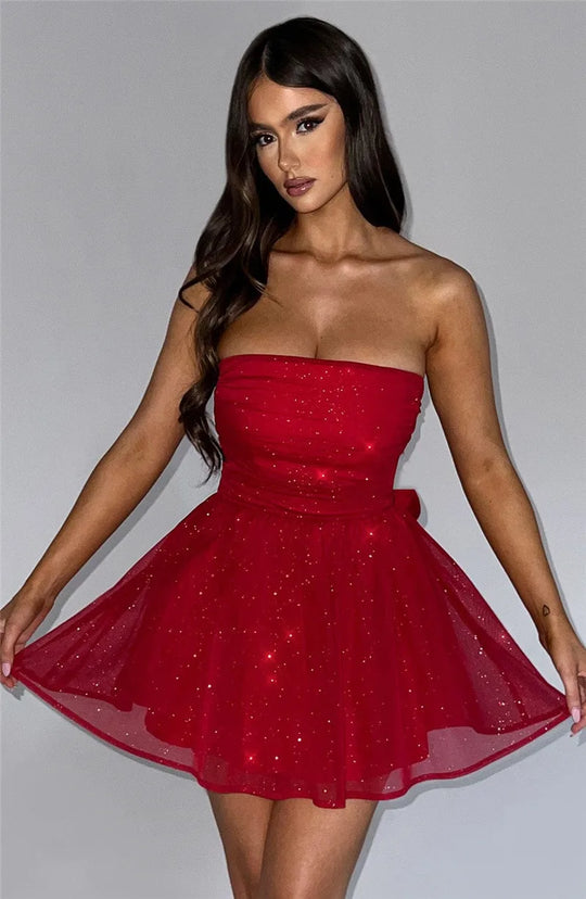 Heidi-Mode | Glitzer Mesh Straplos Rückenfrei Schleife Mini Kleider