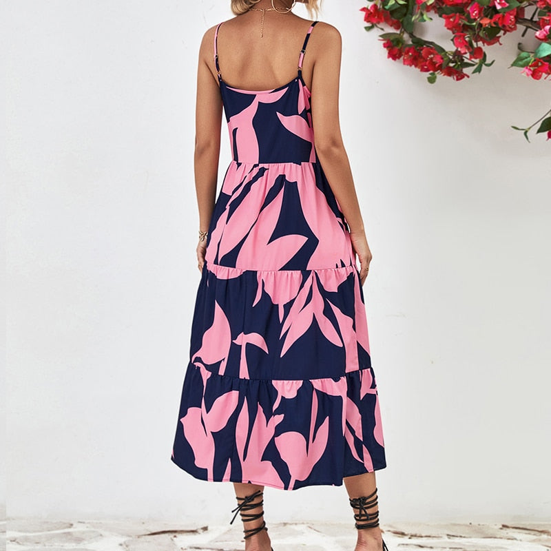 Donkerblauwe/ roze midi jurk