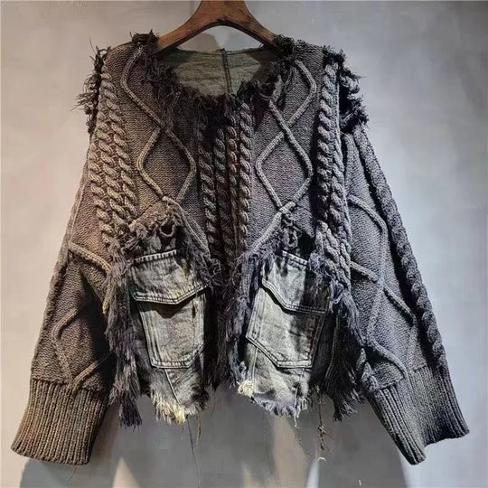 Heidi-Mode | Herbst Neue Waren Mode Frauen Twists Strick Splice Denim Kurz Pullover Locker Rundhalsausschnitt Langärmelig für Die Oberseite Weiblich