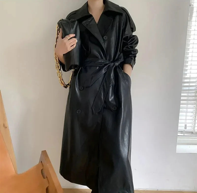 Heidi-Mode | Langer Leder-Mantel mit Gürtel für Damen - Ideal für den Winter