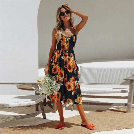 Heidi-Mode | Sexy Midi Elegante Sommerkleider Damen mit Stranddruck