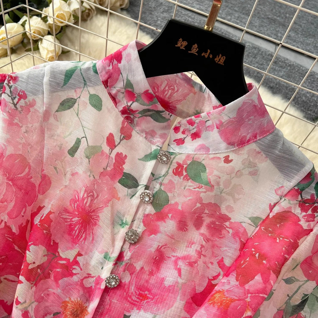 Heidi-Mode | Frühling Ferien Schöne Blume Organza Kleid Frauen Laterne Langarm Perle Knopf Blumenmuster Gürtel Schnürung Boho Vestido