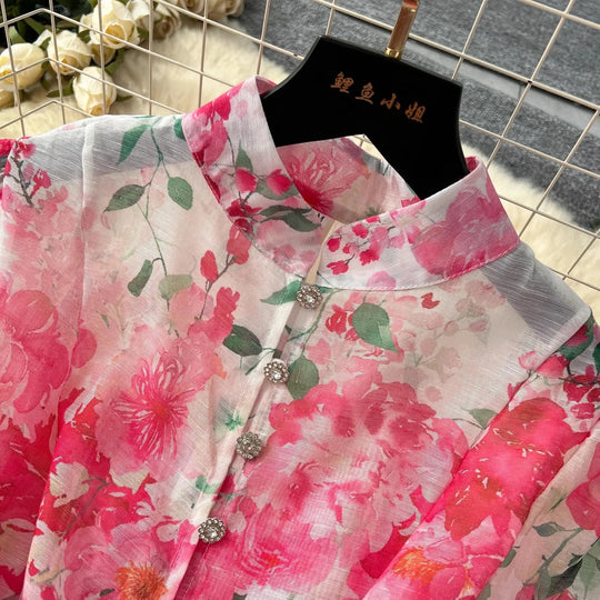 Heidi-Mode | Frühling Ferien Schöne Blume Organza Kleid Frauen Laterne Langarm Perle Knopf Blumenmuster Gürtel Schnürung Boho Vestido