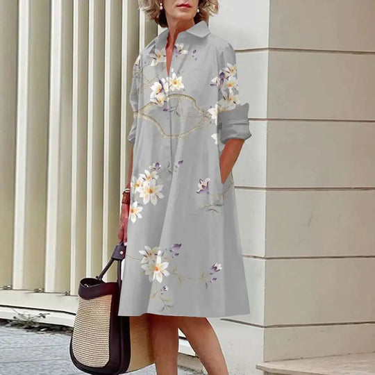 Heidi-Mode | Damen Elegante Hemdblusenkleider Herbstmode Blumen Lange Ärmel Lockere A-Linien Kleider Frauen Büro Damen Rote Grüne Revers Kleider