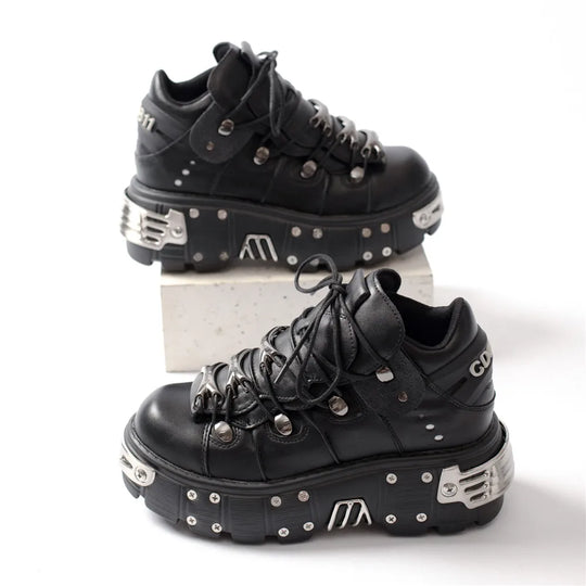 Heidi-Mode | Frauen Ankle Boots für Frauen Dicke Sohle Schnürsenkel Metall Dekoration Runde Zehen Plattform Schuhe Ladeis Punk Gothic Sneakers