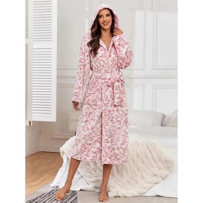 Heidi-Mode | Langärmelig Leopardenmuster Kapuze Bademantel mit Gürtel und Taschen