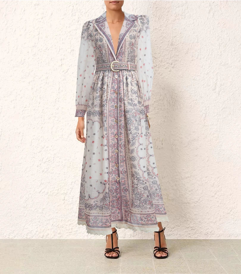 Heidi-Mode | Sommer Jahrgang für Frauen Print Kleider Lange Ärmel Kragen Ein-Knopf Chiffon Kleid Hohe Taille Neu Luxus Damenbekleidung