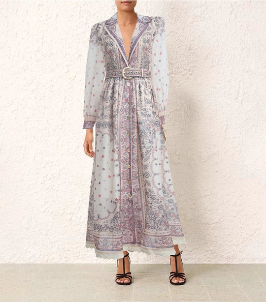 Heidi-Mode | Sommer Jahrgang für Frauen Print Kleider Lange Ärmel Kragen Ein-Knopf Chiffon Kleid Hohe Taille Neu Luxus Damenbekleidung