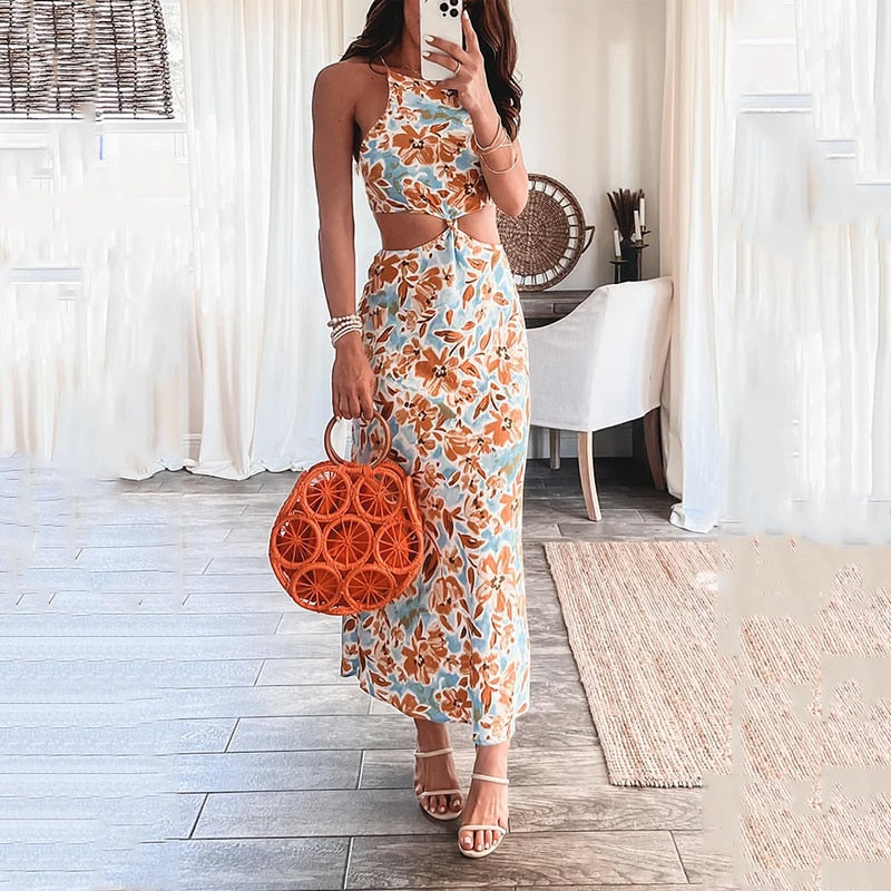 Heidi-Mode | Floral Print Halter Sleeveless Hollow Maxi Kleid