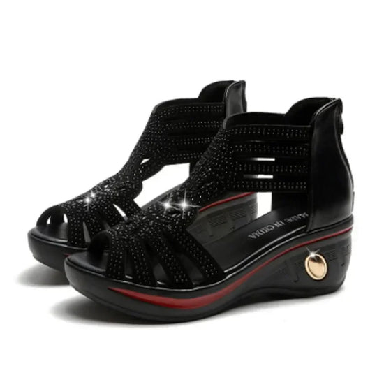 Heidi-Mode | Mode Wedge Sandalen Frauen Sommer Schuhe Elegante Damen Rom Huled Sandalen Female Sandalias Schwarze Wedge Sandalen