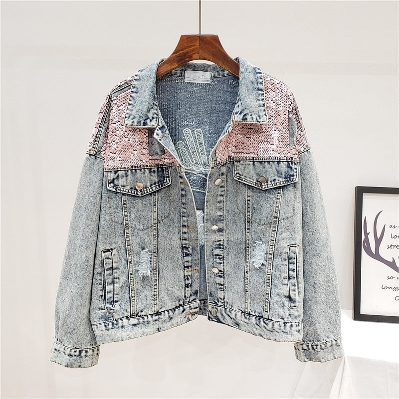 Übergroße Jeansjacke mit Glitzer