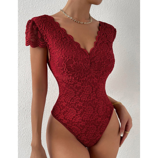 Heidi-Mode - Elegante Body Suit mit Spitzenärmeln und V-Ausschnitt