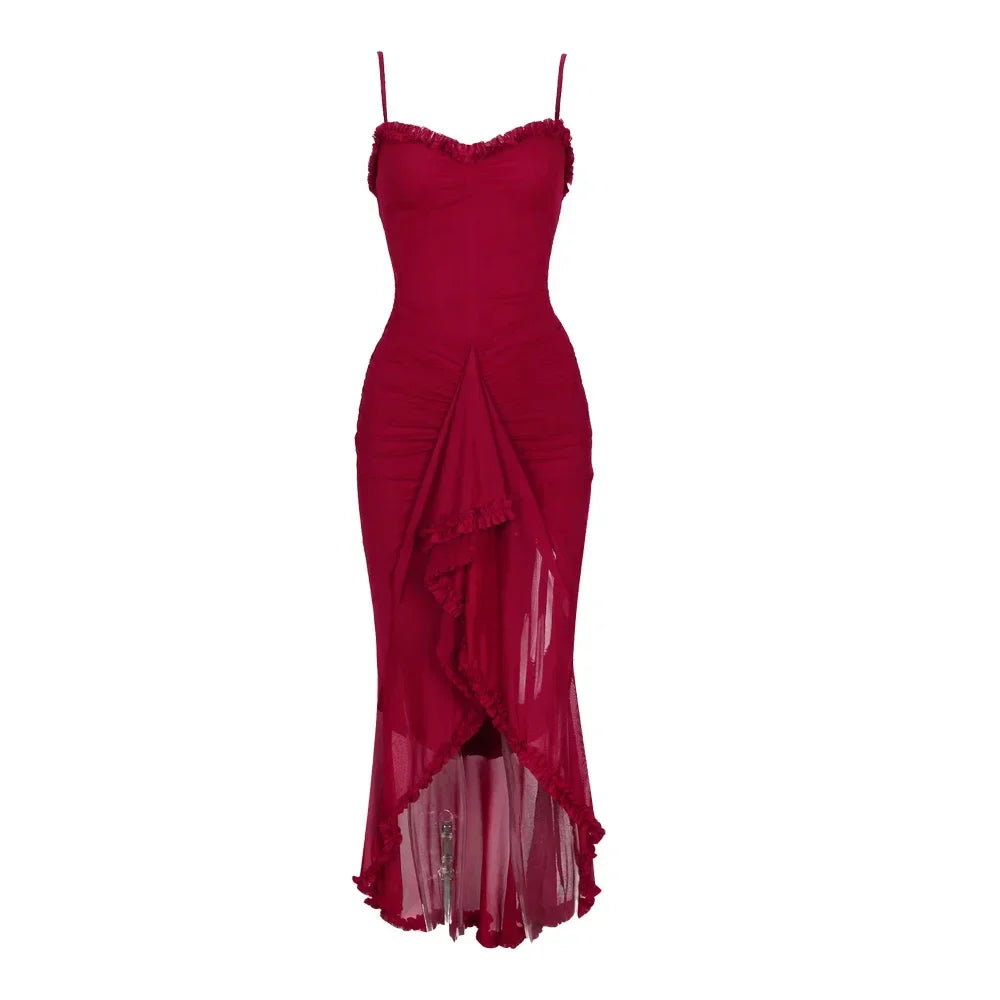 Heidi-Mode | Unregelmäßige Mesh Festkleider Neue Ankünfte Spaghetti-Träger Bodycon Kleid Mode Gerüschtes Langkleid Damen