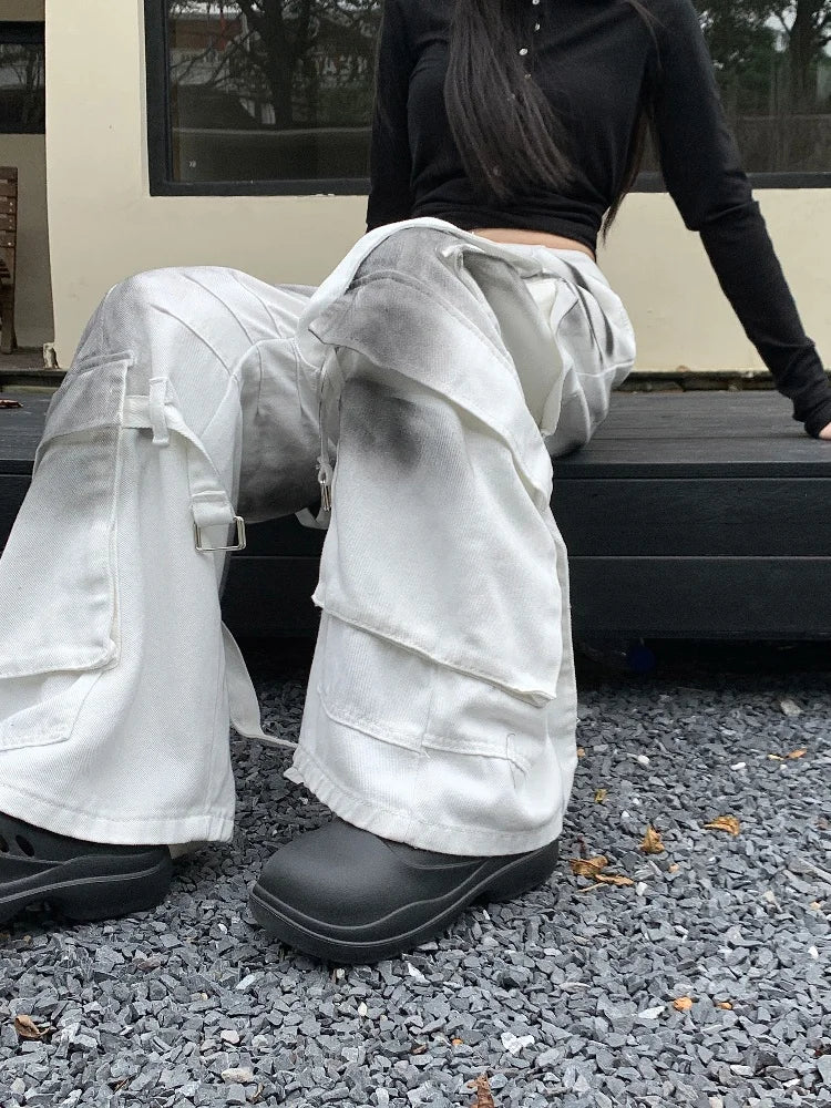 Heidi-Mode | Grunge Y2K Streetwear Dirty White Baggy Jeans Cargo Pants für Damen Kleidung Wide Leg New Rock Old Loose Damen Hosen