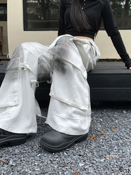 Heidi-Mode | Grunge Y2K Streetwear Dirty White Baggy Jeans Cargo Pants für Damen Kleidung Wide Leg New Rock Old Loose Damen Hosen