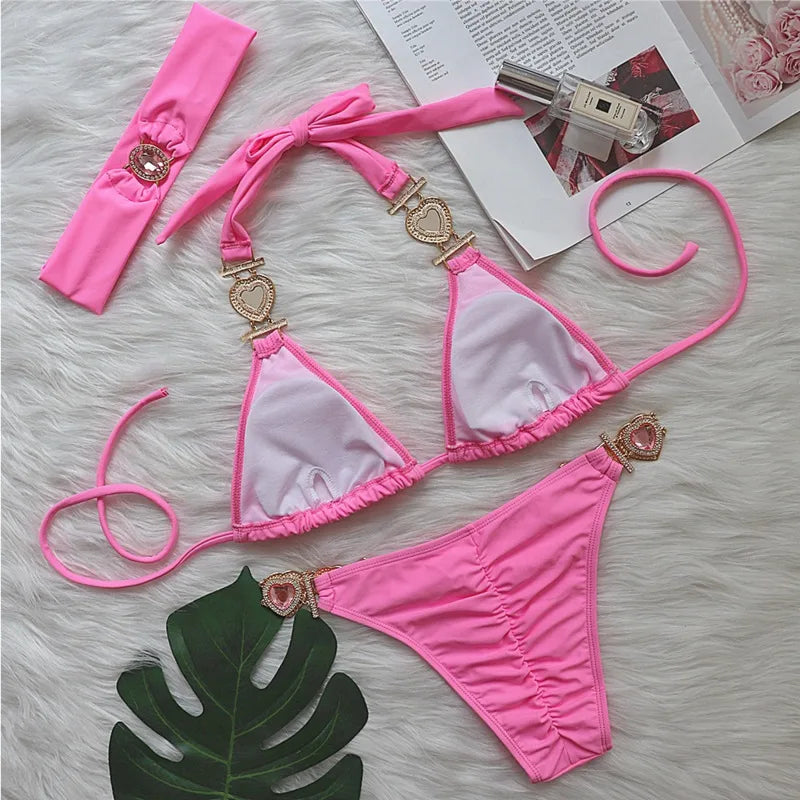 Heidi-Mode | Pink Sexy Bikinis Schwimmbekleidung mit Herz Strass Damen Bademode Female Push-Up Bikini Strand Bademode Badeanzüge Pool Badebekleidung