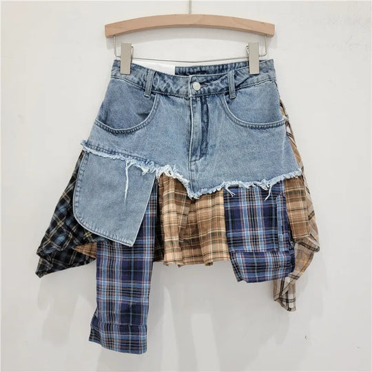Heidi-Mode | Jahrgang Unregelmäßig Patchwork Kariert Röcke Denim Kurz für Frauen Hohe Taille Eingewickelt Hüfte Mini Rock Sommer Weiblich