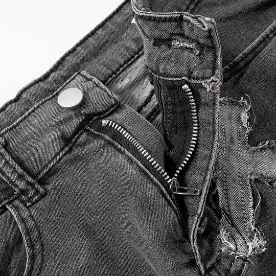 Heidi-Mode | Besticktes Denim Crop Top Mini Micro Y2k Rock Korsatzt Schnürsatz Co Ord