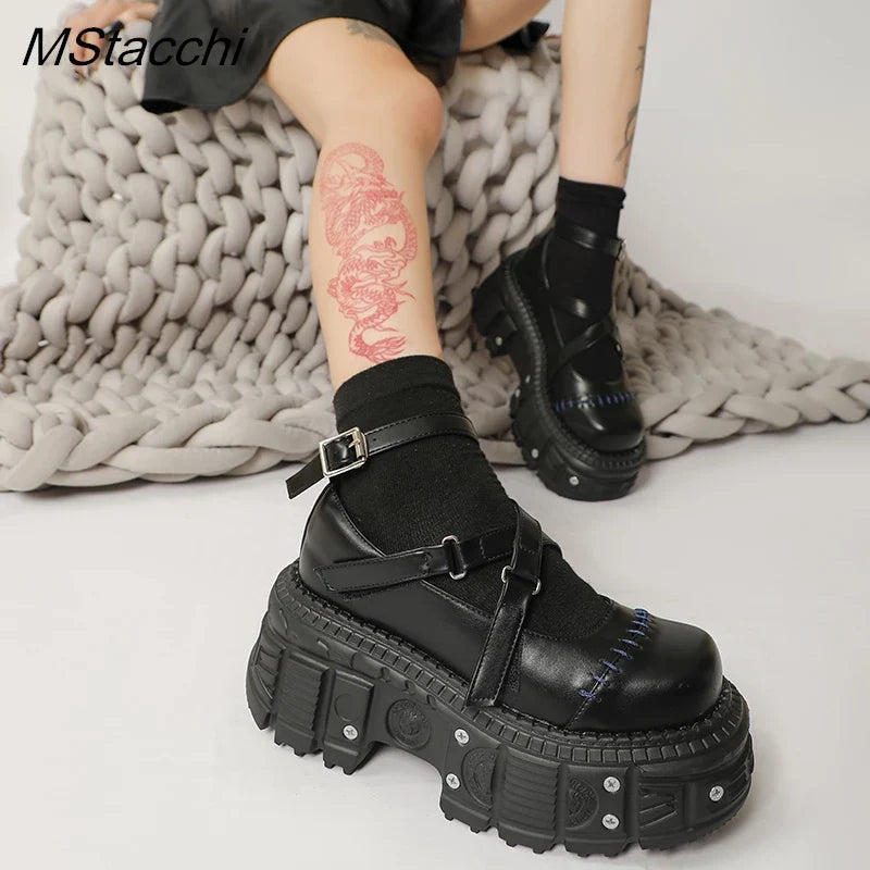 Heidi-Mode | Punk Stil Flach Plattform Schuhe Niete Schnalle Riemen Mary Janes Kreuz Riemen Schwarz Leder Dicke Sohle Schuhe Frauen Sandalen Sommer