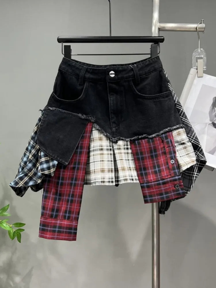 Heidi-Mode | Jahrgang Unregelmäßig Patchwork Kariert Röcke Denim Kurz für Frauen Hohe Taille Eingewickelt Hüfte Mini Rock Sommer Weiblich