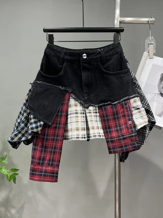 Heidi-Mode | Jahrgang Unregelmäßig Patchwork Kariert Röcke Denim Kurz für Frauen Hohe Taille Eingewickelt Hüfte Mini Rock Sommer Weiblich