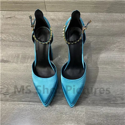 Heidi-Mode | Luxus Frauen High-Heels Schuh Plattform Sandalen Spitz Zehe Damen Seiden Pumps Sexy Strass Schnalle Chunky Absatz Hochzeitsschuhe