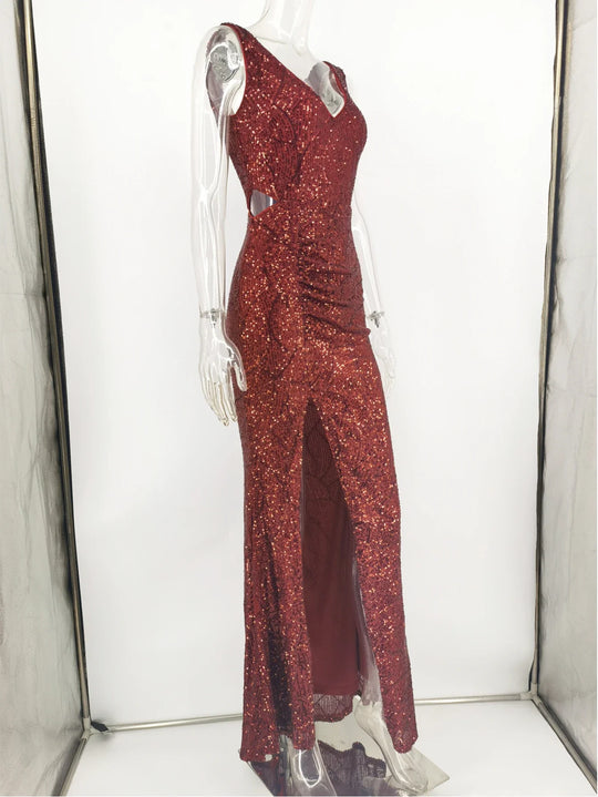 Heidi-Mode | Pailletten Hohes Seitenteil Ärmelloses Maxikleid