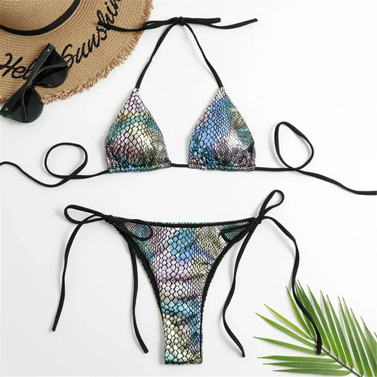 Heidi-Mode | Halter Triangle Sexy Bikini Set Frauen Patentleder Glitzer Badeanzug Sommer Einfarbig G String Bademode Seitenschnürung Monokini