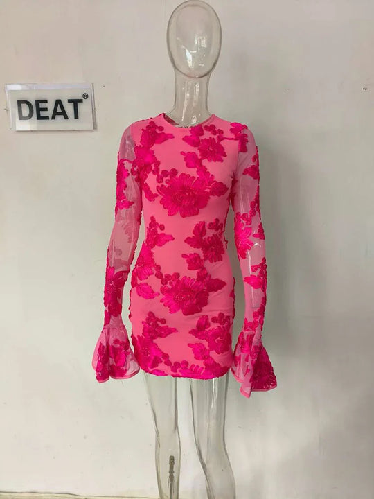 Heidi-Mode | Mode Damen Stickerei Blume Rücken Hohle aus Kleid Frühling Trendy O-Ausschnitt Flare Ärmel Kleider Weiblich