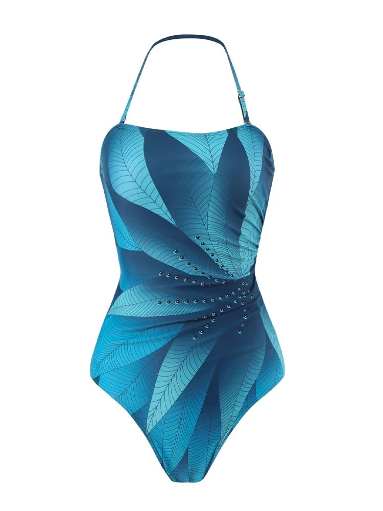 Heidi-Mode | Elegant Blau Blätter Gedruckt Einteiler Badeanzüge Damen Mode Hohe Taille Hängender Hals Bademode Französisch Bedeckter Bauch Bikini