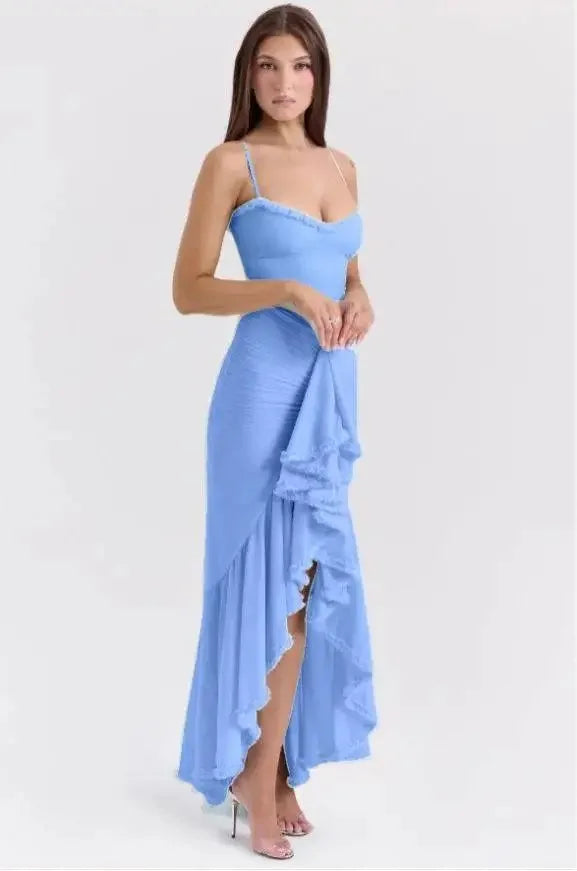 Heidi-Mode | Unregelmäßige Mesh Festkleider Neue Ankünfte Spaghetti-Träger Bodycon Kleid Mode Gerüschtes Langkleid Damen