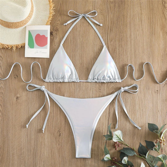 Heidi-Mode | Halter Triangle Sexy Bikini Set Frauen Patentleder Glitzer Badeanzug Sommer Einfarbig G String Bademode Seitenschnürung Monokini