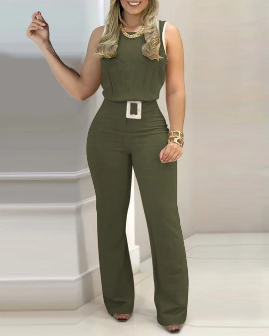 Heidi-Mode | Frauenmode Ohne Ärmel Einfarbig Crop Top Sexy Hohe Taille Eng Bodycon Lange Hose 2 Teilig Set Flared Hose Set mit Gürtel