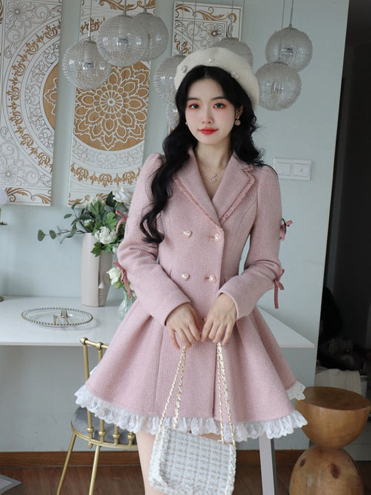 Heidi-Mode | Warmes Pink Süß Elegant Weinlese Niedliches Kleid Mantel