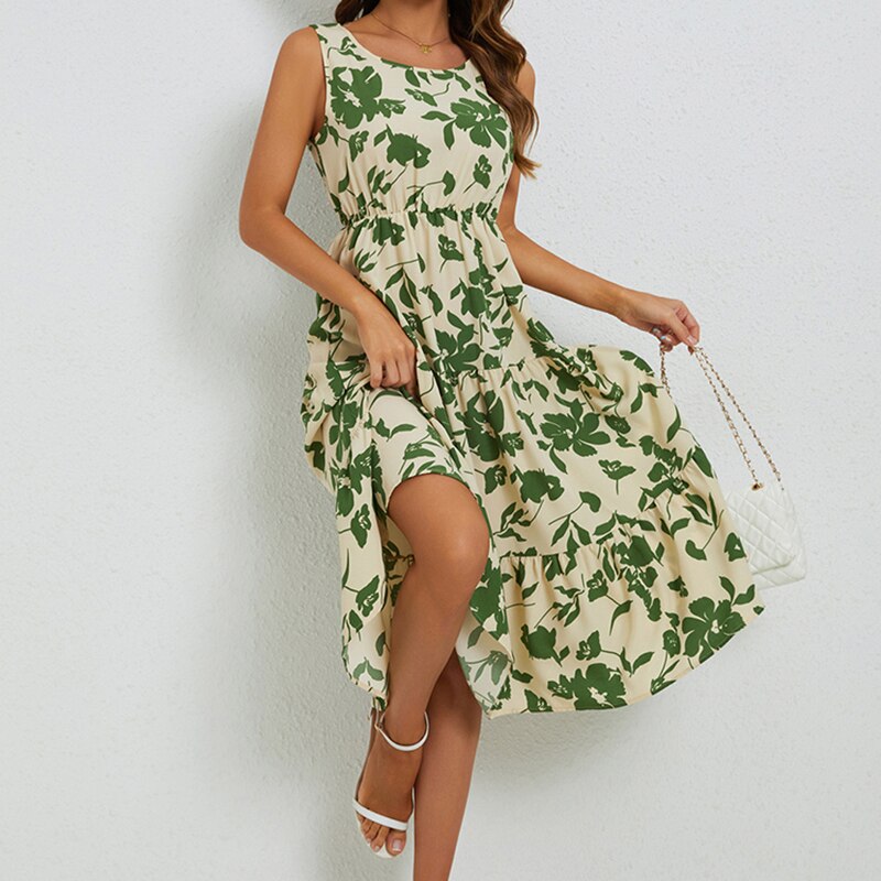 Grünes Blumen-Midi-Kleid