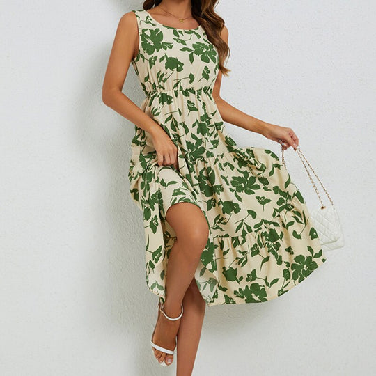 Grünes Blumen-Midi-Kleid