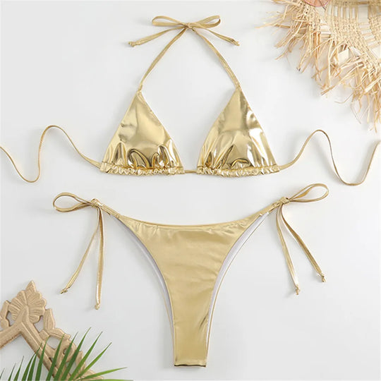 Heidi-Mode | Halter Triangle Sexy Bikini Set Frauen Patentleder Glitzer Badeanzug Sommer Einfarbig G String Bademode Seitenschnürung Monokini
