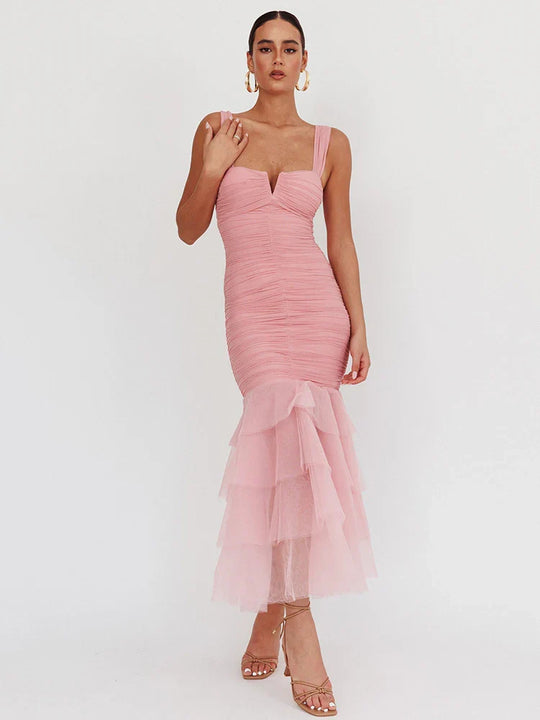 Heidi-Mode | Mesh Rückenfreies Sexy Maxikleid für Frauen Gown mit Lagen Spaghetti-Trägern Ärmellos Gerafftes Bodycon Club Party Kleid
