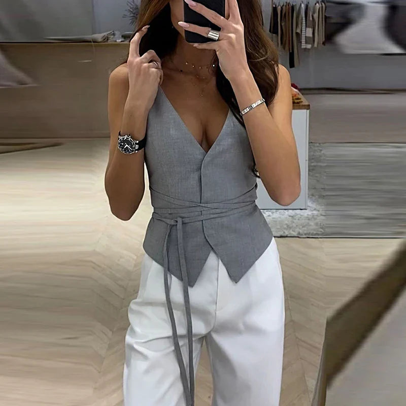 Heidi-Mode | Elegant Chic Schnür V-Ausschnitt Damen Weste Solid Dünn Ohne Ärmel Tops Female Frühling Sommer Mode Sexy Dame Streetwear