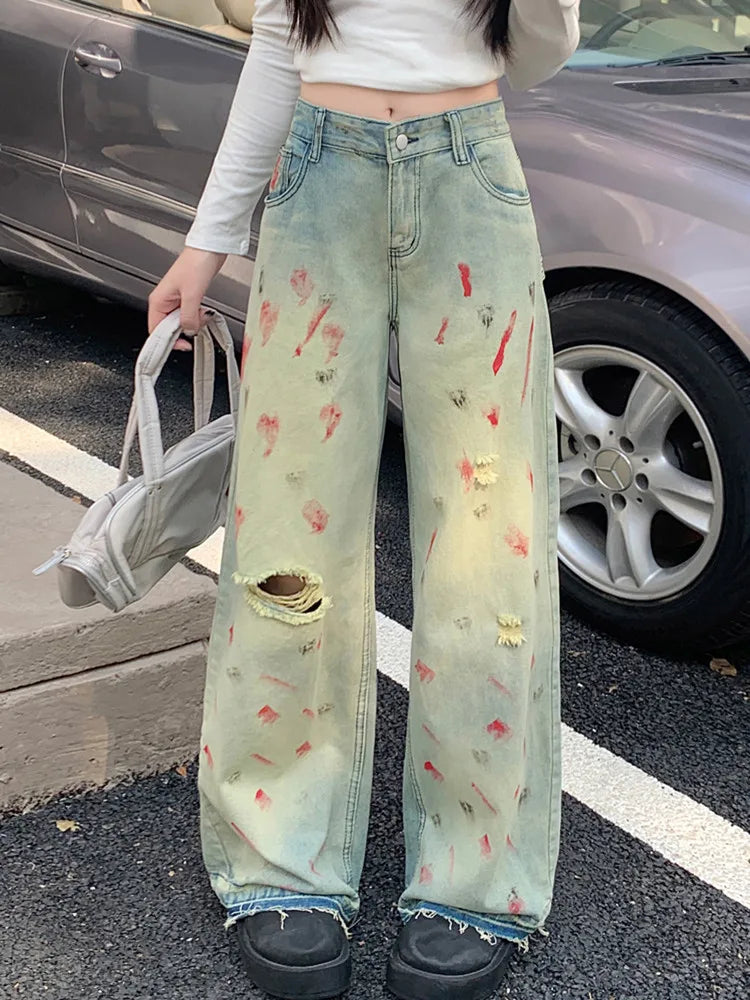 Heidi-Mode | Cyber Y2K Mode Ink Spray Jahrgang Blau Riss Baggy Neue Jeans Hosen für Frauen Kleidung Breite Beine Alte Gerade Damen Hosen