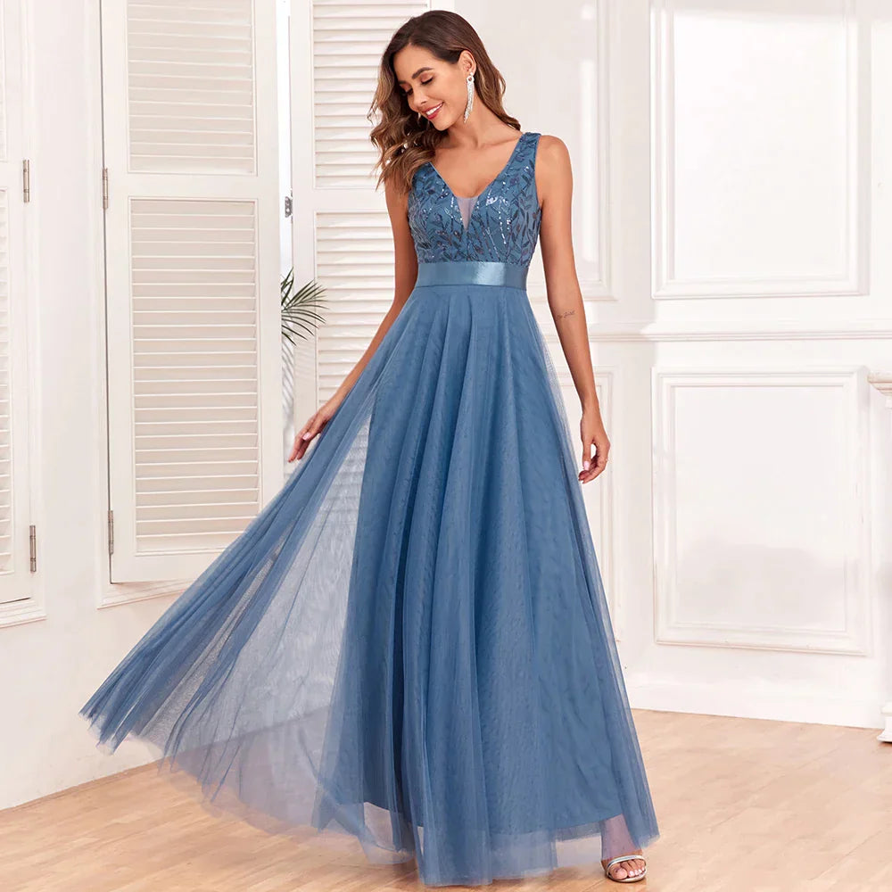 Heidi-Mode | Ärmellose Abendkleider V-Ausschnitt Blatt Tüll Stickerei Lange Festkleid Elegante A-Linie Cocktailkleid