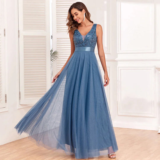 Heidi-Mode | Ärmellose Abendkleider V-Ausschnitt Blatt Tüll Stickerei Lange Festkleid Elegante A-Linie Cocktailkleid