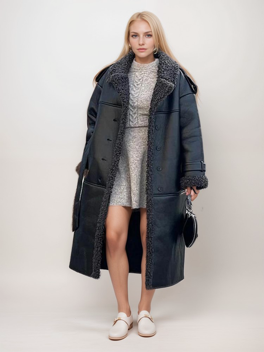 Heidi-Mode | Längerer Mantel mit Gürtel Imitiertes Leder und Pelz Warm und Statement-prägend