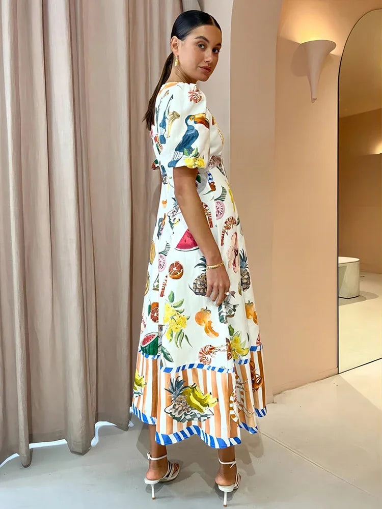 Heidi-Mode | Ferien Strand Stil Obst Maxi Kleider Neu Sommer Trendy und Einzigartig Graffiti Druck Bodycon Vielseitig Kleid für Damen